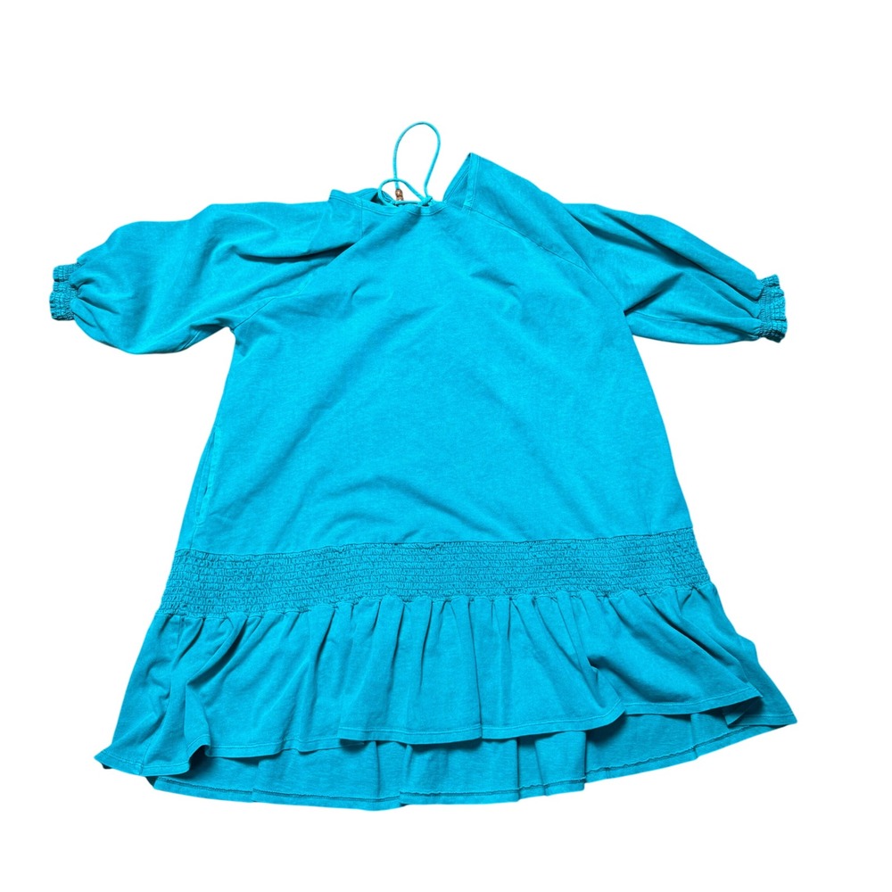 FP Free People Beach Pocket Dress Smocked Ruffle Hem Drawstring Neck Blue XS